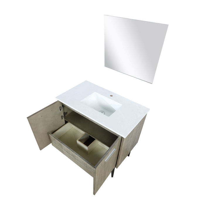 Lexora Lancy 36" Rustic Acacia Bathroom Vanity, White Quartz Top, White Square Sink, and 28" Frameless Mirro LLC36SKSOSM28