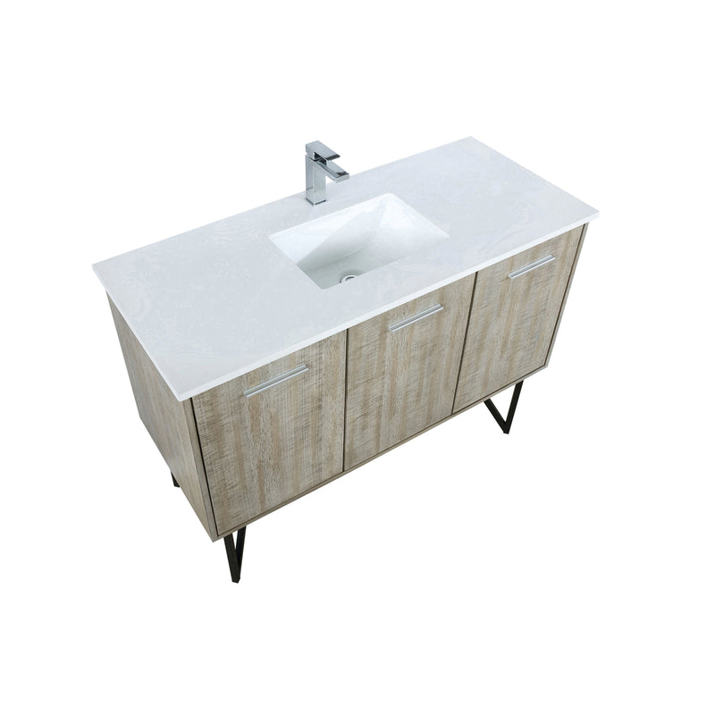 Lexora Lancy 48" Rustic Acacia Bathroom Vanity, White Quartz Top, White Square Sink, and Labaro Brushed Nickel Faucet Set LLC48SKSOS000FBN