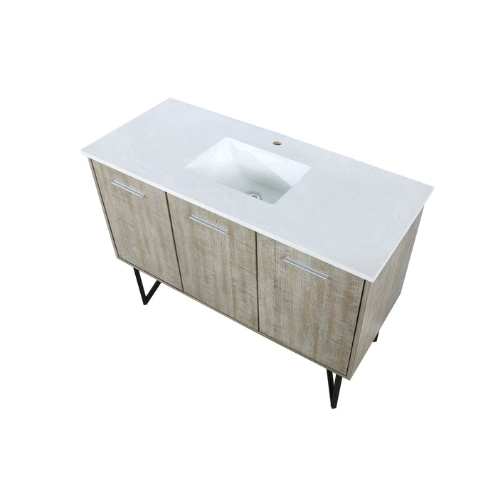 Lexora Lancy 48" Rustic Acacia Bathroom Vanity, White Quartz Top, White Square Sink, and 43" Frameless Mirro LLC48SKSOSM43