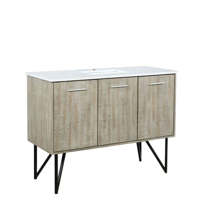 Lexora Lancy 48" Rustic Acacia Bathroom Vanity, White Quartz Top, White Square Sink, and 43" Frameless Mirro LLC48SKSOSM43