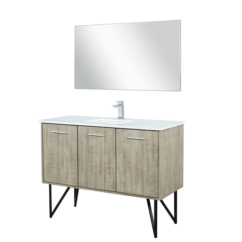 Lexora Lancy 48" Rustic Acacia Bathroom Vanity, White Quartz Top, White Square Sink, Labaro Brushed Nickel Faucet Set, and 43" Frameless Mirror LLC48SKSOSM43FBN