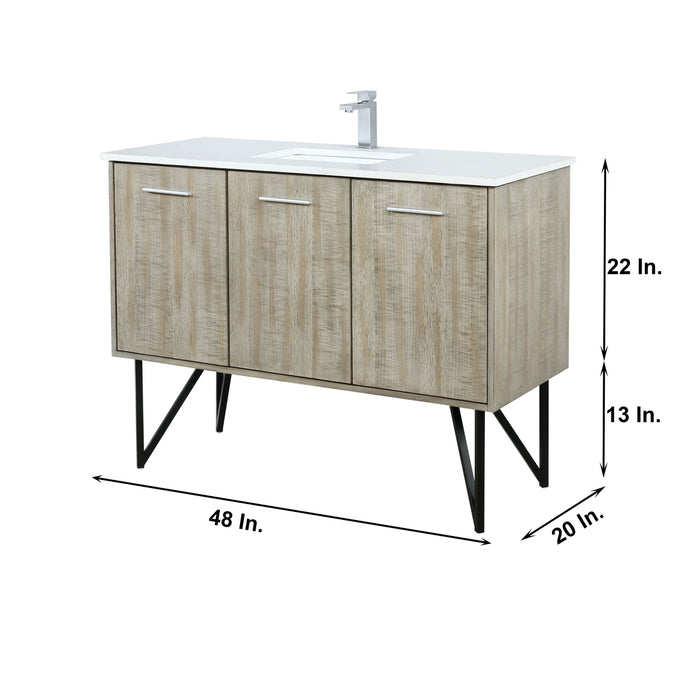 Lexora Lancy 48" Rustic Acacia Bathroom Vanity, White Quartz Top, White Square Sink, Labaro Brushed Nickel Faucet Set, and 43" Frameless Mirror LLC48SKSOSM43FBN