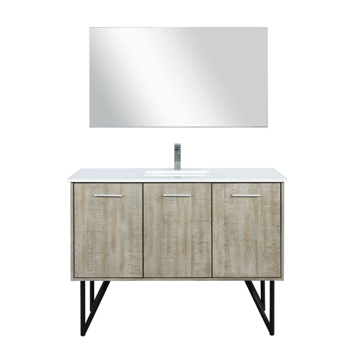 Lexora Lancy 48" Rustic Acacia Bathroom Vanity, White Quartz Top, White Square Sink, Labaro Brushed Nickel Faucet Set, and 43" Frameless Mirror LLC48SKSOSM43FBN