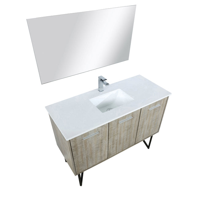 Lexora Lancy 48" Rustic Acacia Bathroom Vanity, White Quartz Top, White Square Sink, Labaro Brushed Nickel Faucet Set, and 43" Frameless Mirror LLC48SKSOSM43FBN