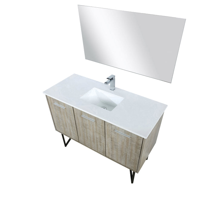 Lexora Lancy 48" Rustic Acacia Bathroom Vanity, White Quartz Top, White Square Sink, Labaro Brushed Nickel Faucet Set, and 43" Frameless Mirror LLC48SKSOSM43FBN