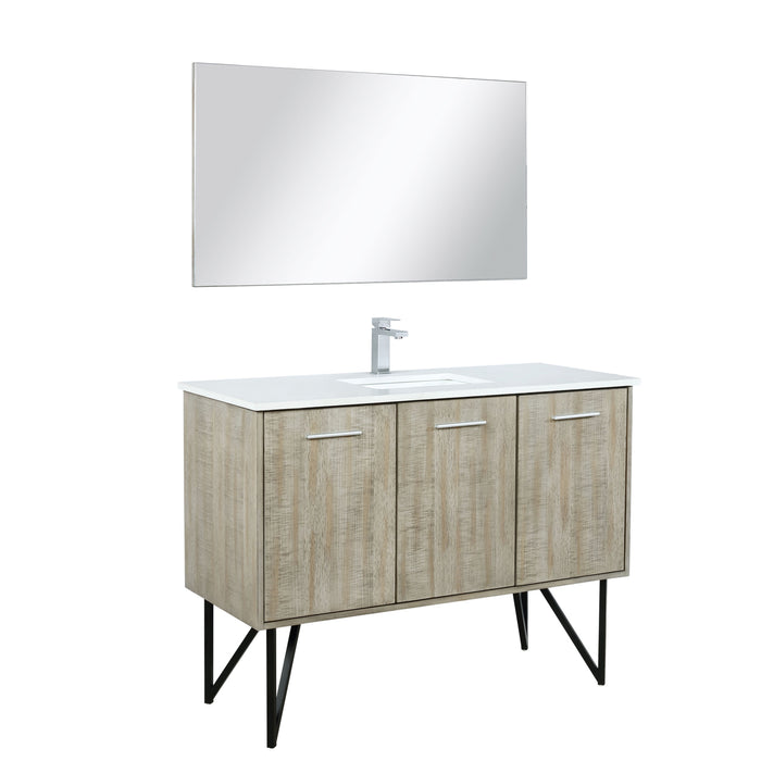 Lexora Lancy 48" Rustic Acacia Bathroom Vanity, White Quartz Top, White Square Sink, Labaro Brushed Nickel Faucet Set, and 43" Frameless Mirror LLC48SKSOSM43FBN