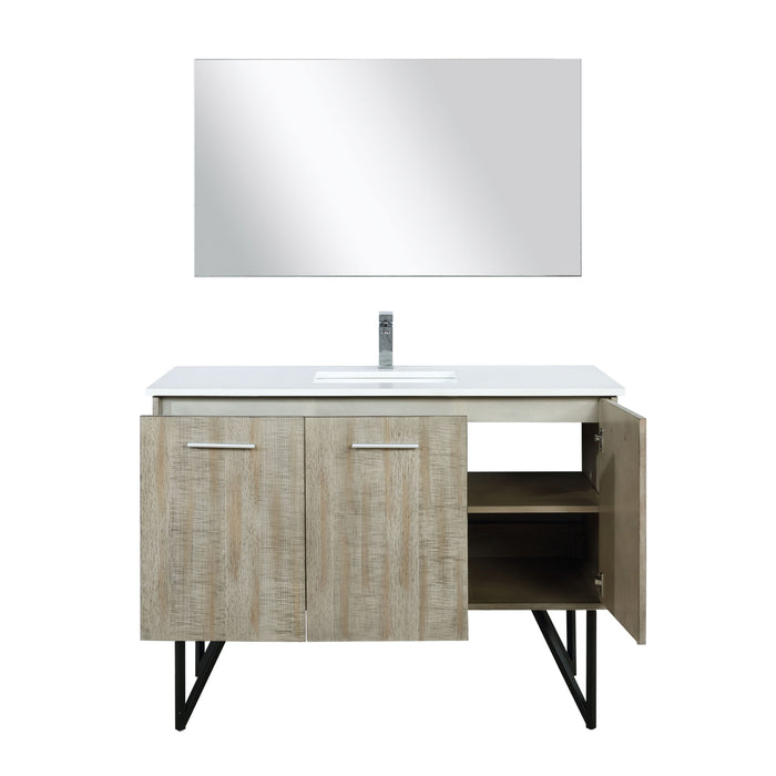 Lexora Lancy 48" Rustic Acacia Bathroom Vanity, White Quartz Top, White Square Sink, Balzani Gun Metal Faucet Set, and 43" Frameless Mirror LLC48SKSOSM43FGM