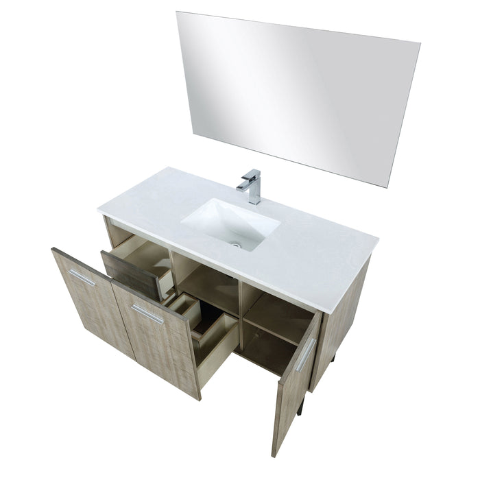 Lexora Lancy 48" Rustic Acacia Bathroom Vanity, White Quartz Top, White Square Sink, Balzani Gun Metal Faucet Set, and 43" Frameless Mirror LLC48SKSOSM43FGM