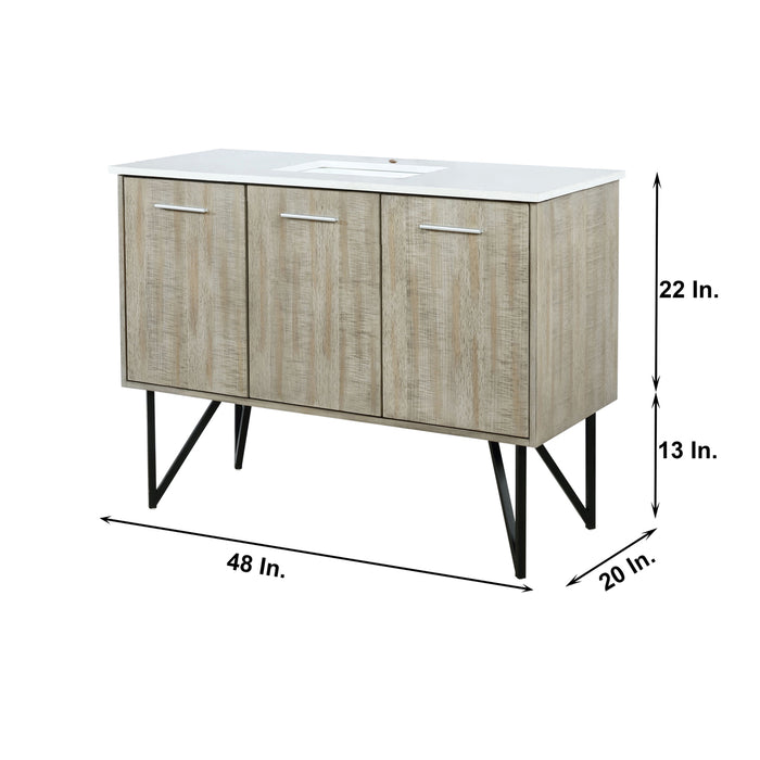 Lexora Lancy 48" Rustic Acacia Bathroom Vanity, White Quartz Top, White Square Sink, and 43" Frameless Mirro LLC48SKSOSM43