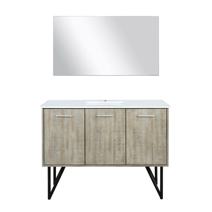 Lexora Lancy 48" Rustic Acacia Bathroom Vanity, White Quartz Top, White Square Sink, and 43" Frameless Mirro LLC48SKSOSM43