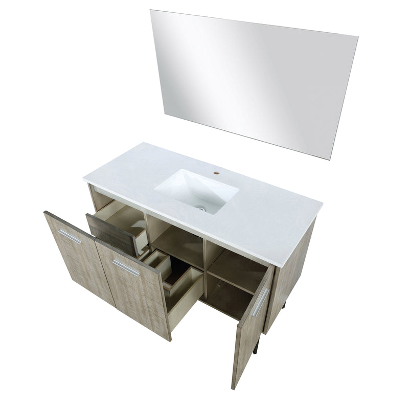 Lexora Lancy 48" Rustic Acacia Bathroom Vanity, White Quartz Top, White Square Sink, and 43" Frameless Mirro LLC48SKSOSM43