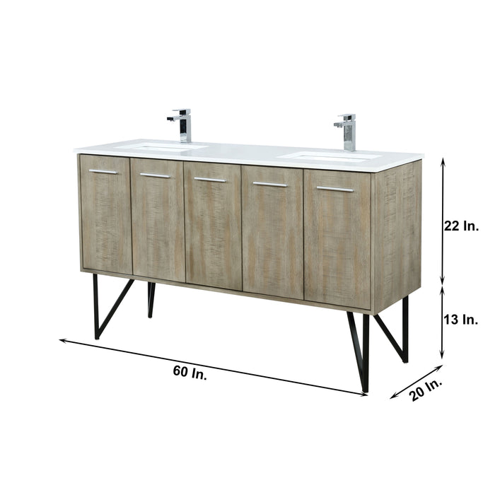 Lexora  Lancy 60" Rustic Acacia Double Bathroom Vanity, White Quartz Top, White Square Sinks, and Labaro Brushed Nickel Faucet Set LLC60DKSOS000FBN