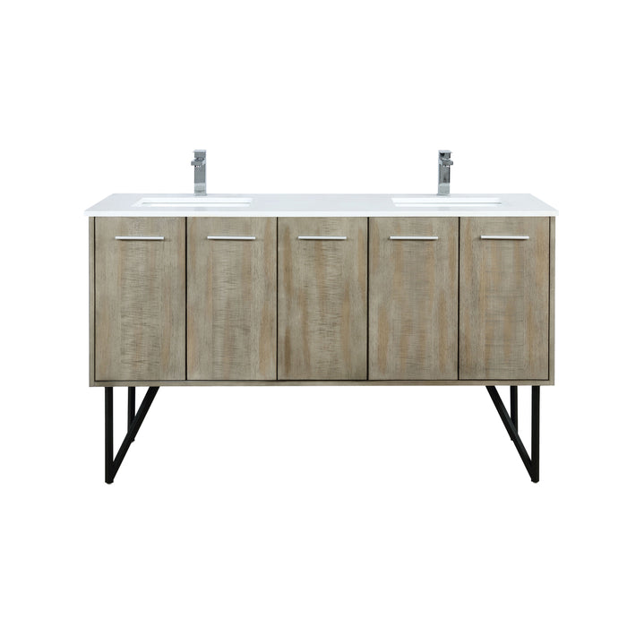 Lexora  Lancy 60" Rustic Acacia Double Bathroom Vanity, White Quartz Top, White Square Sinks, and Labaro Brushed Nickel Faucet Set LLC60DKSOS000FBN