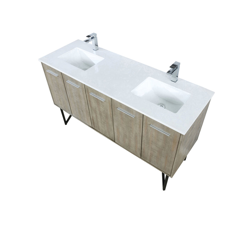 Lexora  Lancy 60" Rustic Acacia Double Bathroom Vanity, White Quartz Top, White Square Sinks, and Labaro Brushed Nickel Faucet Set LLC60DKSOS000FBN