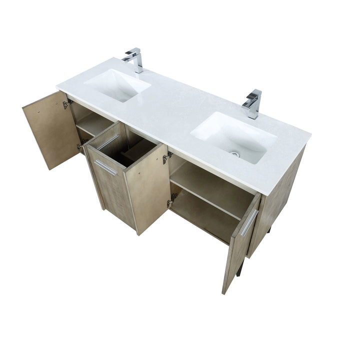 Lexora  Lancy 60" Rustic Acacia Double Bathroom Vanity, White Quartz Top, White Square Sinks, and Labaro Brushed Nickel Faucet Set LLC60DKSOS000FBN