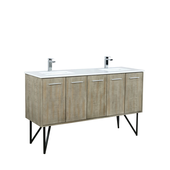 Lexora  Lancy 60" Rustic Acacia Double Bathroom Vanity, White Quartz Top, White Square Sinks, and Labaro Brushed Nickel Faucet Set LLC60DKSOS000FBN