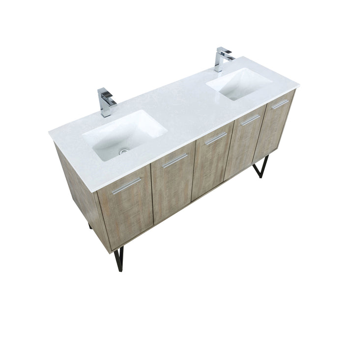 Lexora  Lancy 60" Rustic Acacia Double Bathroom Vanity, White Quartz Top, White Square Sinks, and Labaro Rose Gold Faucet Set LLC60DKSOS000FRG