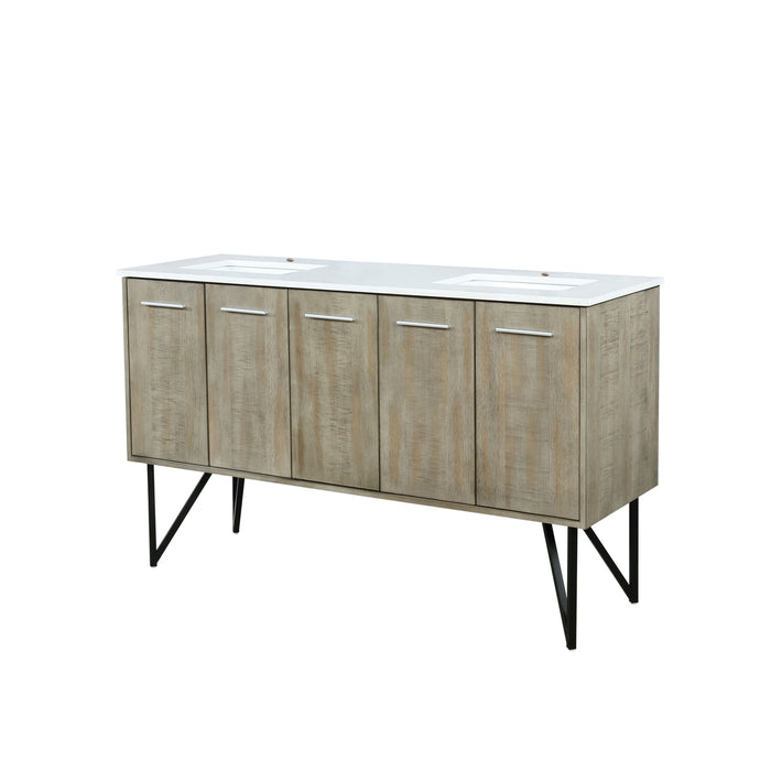 Lexora Lancy 60" Rustic Acacia Double Bathroom Vanity, White Quartz Top, and White Square Sinks LLC60DKSOS000