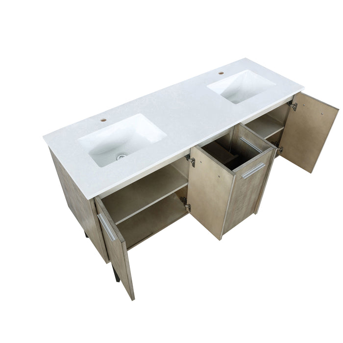 Lexora Lancy 60" Rustic Acacia Double Bathroom Vanity, White Quartz Top, and White Square Sinks LLC60DKSOS000