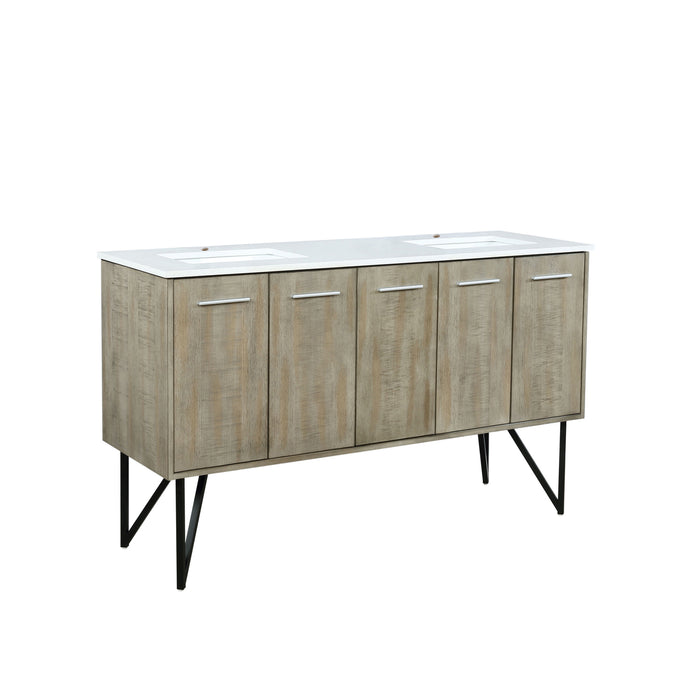 Lexora Lancy 60" Rustic Acacia Double Bathroom Vanity, White Quartz Top, and White Square Sinks LLC60DKSOS000