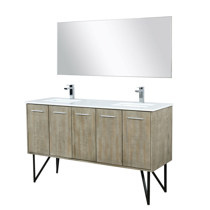 Lexora  Lancy 60" Rustic Acacia Double Bathroom Vanity, White Quartz Top, White Square Sinks, Labaro Brushed Nickel Faucet Set, and 55" Frameless Mirror LLC60DKSOSM55FBN