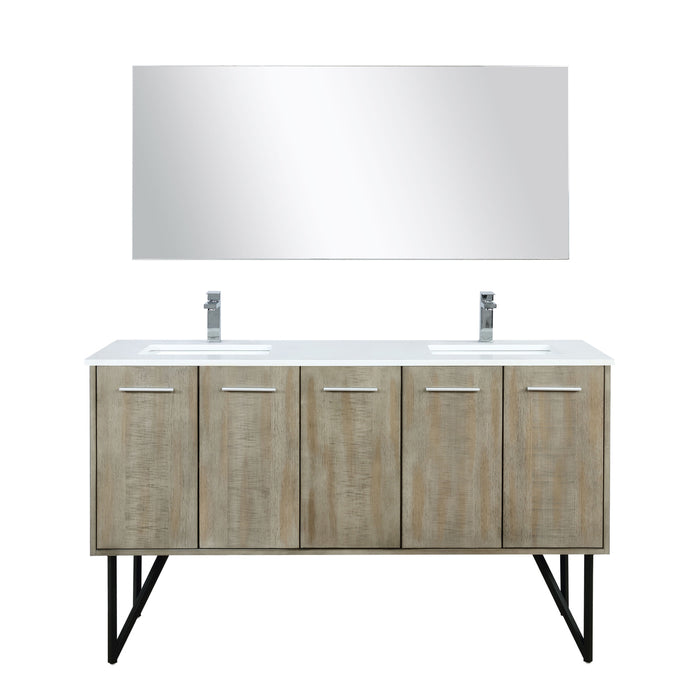 Lexora  Lancy 60" Rustic Acacia Double Bathroom Vanity, White Quartz Top,White Square Sinks, Labaro Rose Gold Faucet Set, and 55" Frameless Mirror LLC60DKSOSM55FRG