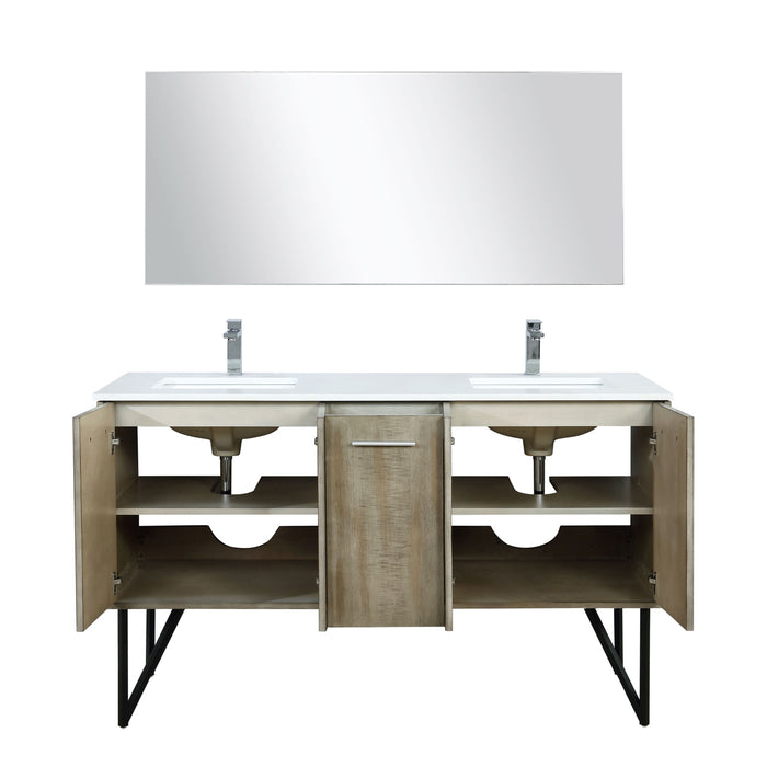 Lexora  Lancy 60" Rustic Acacia Double Bathroom Vanity, White Quartz Top, White Square Sinks, Labaro Brushed Nickel Faucet Set, and 55" Frameless Mirror LLC60DKSOSM55FBN