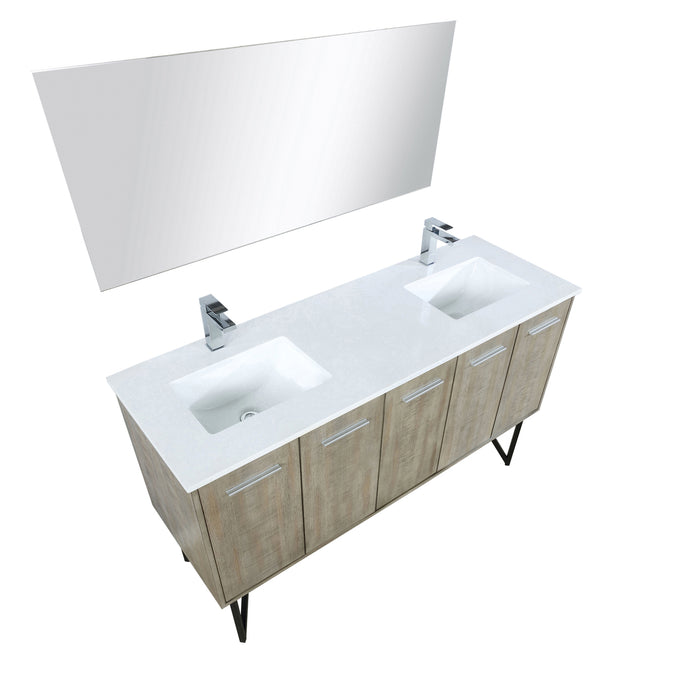 Lexora  Lancy 60" Rustic Acacia Double Bathroom Vanity, White Quartz Top, White Square Sinks, Labaro Brushed Nickel Faucet Set, and 55" Frameless Mirror LLC60DKSOSM55FBN