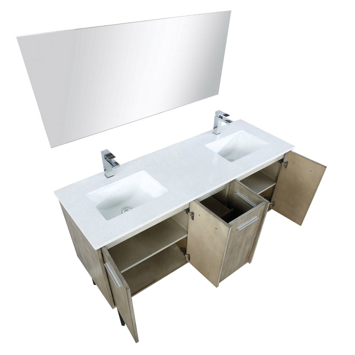 Lexora  Lancy 60" Rustic Acacia Double Bathroom Vanity, White Quartz Top, White Square Sinks, Labaro Brushed Nickel Faucet Set, and 55" Frameless Mirror LLC60DKSOSM55FBN