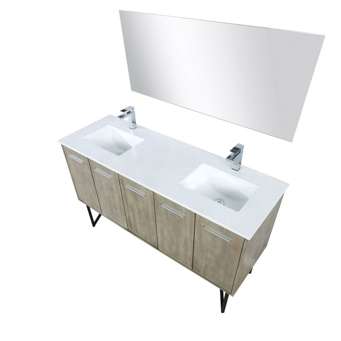 Lexora  Lancy 60" Rustic Acacia Double Bathroom Vanity, White Quartz Top, White Square Sinks, Labaro Brushed Nickel Faucet Set, and 55" Frameless Mirror LLC60DKSOSM55FBN