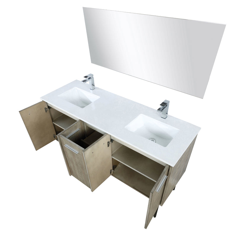 Lexora  Lancy 60" Rustic Acacia Double Bathroom Vanity, White Quartz Top,White Square Sinks, Labaro Rose Gold Faucet Set, and 55" Frameless Mirror LLC60DKSOSM55FRG