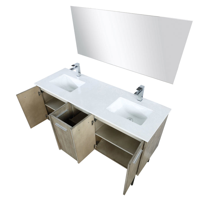 Lexora  Lancy 60" Rustic Acacia Double Bathroom Vanity, White Quartz Top, White Square Sinks, Labaro Brushed Nickel Faucet Set, and 55" Frameless Mirror LLC60DKSOSM55FBN