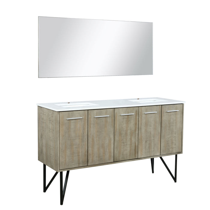 Lexora Lancy 60" Rustic Acacia Double Bathroom Vanity, White Quartz Top, White Square Sinks, and 55" Frameless Mirror LLC60DKSOSM55