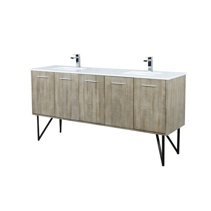 Lexora  Lancy 72" Rustic Acacia Double Bathroom Vanity, White Quartz Top, White Square Sinks, and Labaro Brushed Nickel Faucet Set LLC72DKSOS000FBN