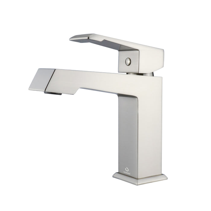 Lexora  Lancy 72" Rustic Acacia Double Bathroom Vanity, White Quartz Top, White Square Sinks, and Labaro Brushed Nickel Faucet Set LLC72DKSOS000FBN