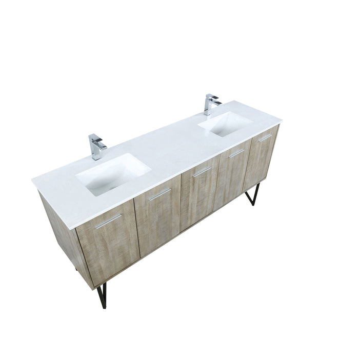 Lexora  Lancy 72" Rustic Acacia Double Bathroom Vanity, White Quartz Top, White Square Sinks, and Labaro Brushed Nickel Faucet Set LLC72DKSOS000FBN