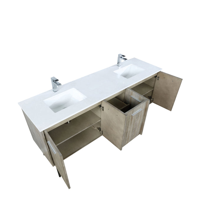 Lexora  Lancy 72" Rustic Acacia Double Bathroom Vanity, White Quartz Top, White Square Sinks, and Labaro Brushed Nickel Faucet Set LLC72DKSOS000FBN