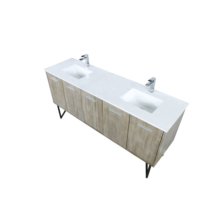 Lexora  Lancy 72" Rustic Acacia Double Bathroom Vanity, White Quartz Top, White Square Sinks, and Labaro Brushed Nickel Faucet Set LLC72DKSOS000FBN