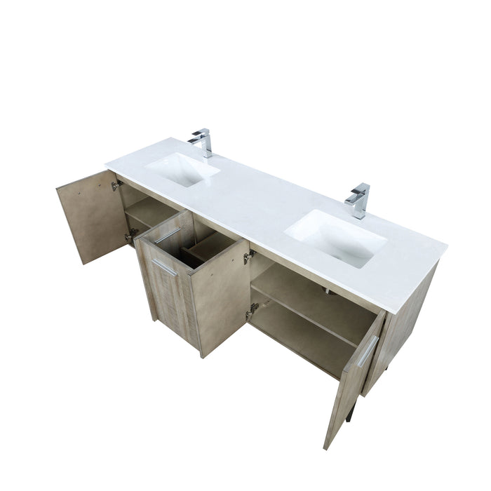 Lexora  Lancy 72" Rustic Acacia Double Bathroom Vanity, White Quartz Top, White Square Sinks, and Labaro Brushed Nickel Faucet Set LLC72DKSOS000FBN