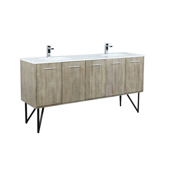 Lexora  Lancy 72" Rustic Acacia Double Bathroom Vanity, White Quartz Top, White Square Sinks, and Labaro Brushed Nickel Faucet Set LLC72DKSOS000FBN