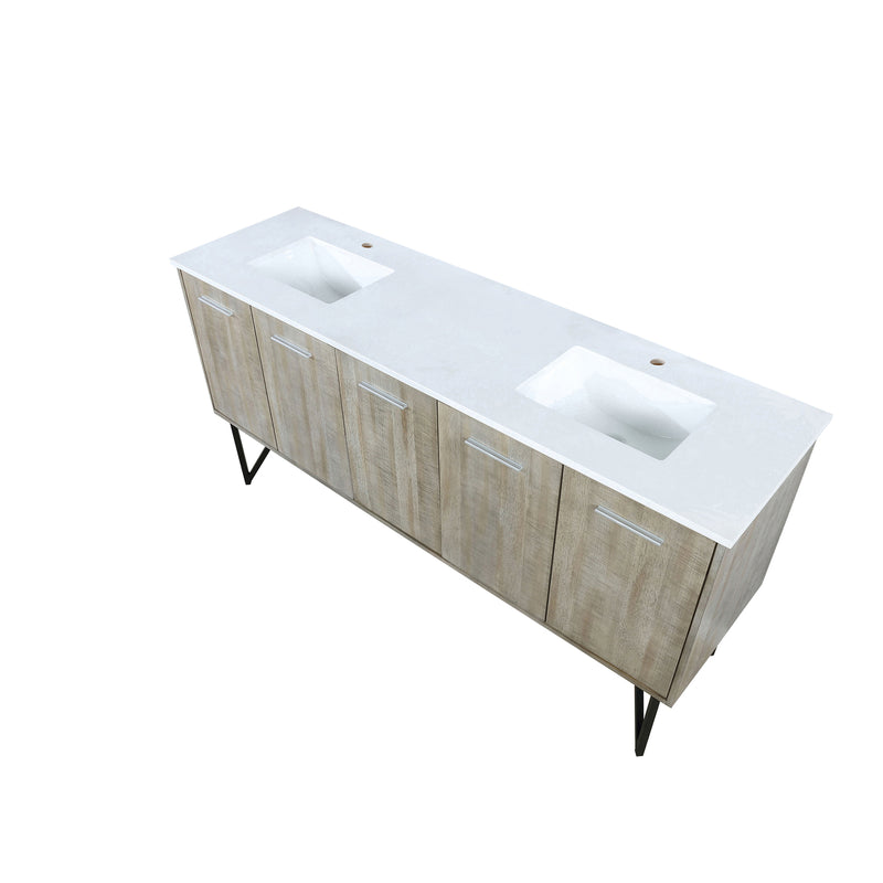 Lexora  Lancy 72" Rustic Acacia Double Bathroom Vanity, White Quartz Top, and White Square Sinks LLC72DKSOS000