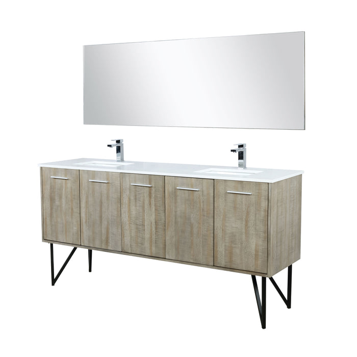 Lexora  Lancy 72" Rustic Acacia Double Bathroom Vanity, White Quartz Top, White Square Sinks, Labaro Brushed Nickel Faucet Set, and 70" Frameless Mirror LLC72DKSOSM70FBN