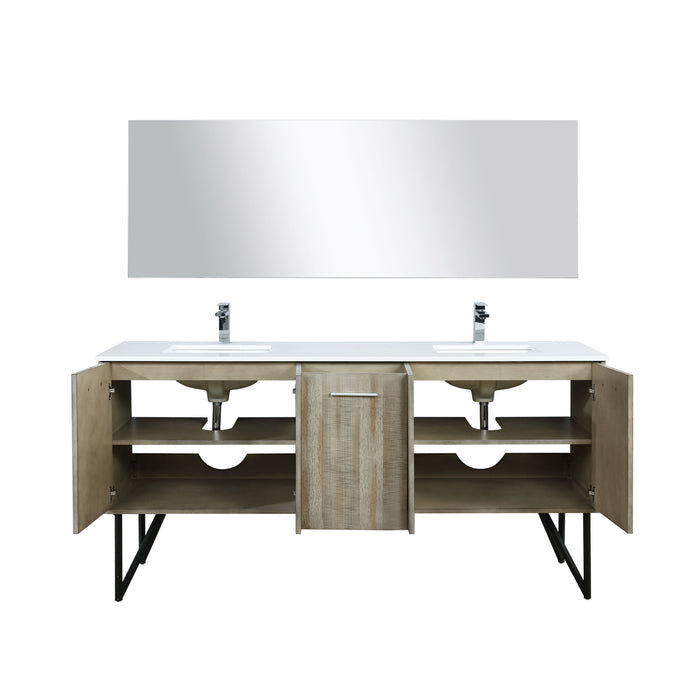 Lexora  Lancy 72" Rustic Acacia Double Bathroom Vanity, White Quartz Top, White Square Sinks, Labaro Brushed Nickel Faucet Set, and 70" Frameless Mirror LLC72DKSOSM70FBN