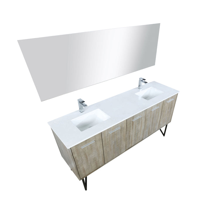 Lexora  Lancy 72" Rustic Acacia Double Bathroom Vanity, White Quartz Top, White Square Sinks, Labaro Brushed Nickel Faucet Set, and 70" Frameless Mirror LLC72DKSOSM70FBN