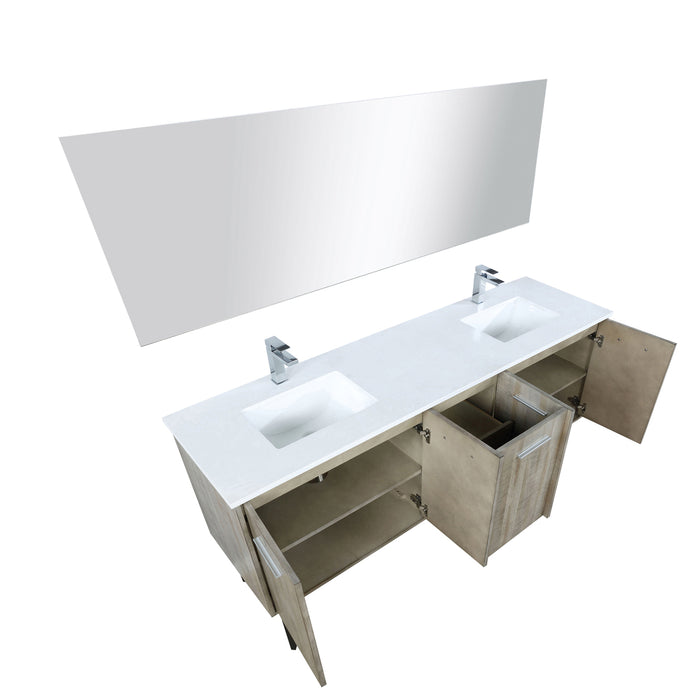 Lexora  Lancy 72" Rustic Acacia Double Bathroom Vanity, White Quartz Top, White Square Sinks, Labaro Brushed Nickel Faucet Set, and 70" Frameless Mirror LLC72DKSOSM70FBN