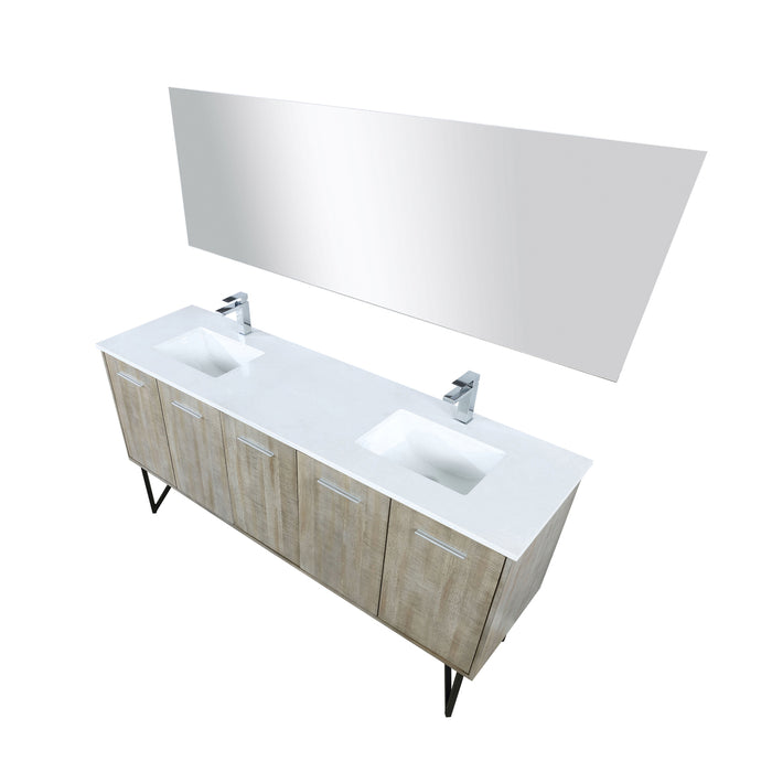 Lexora  Lancy 72" Rustic Acacia Double Bathroom Vanity, White Quartz Top, White Square Sinks, Labaro Brushed Nickel Faucet Set, and 70" Frameless Mirror LLC72DKSOSM70FBN