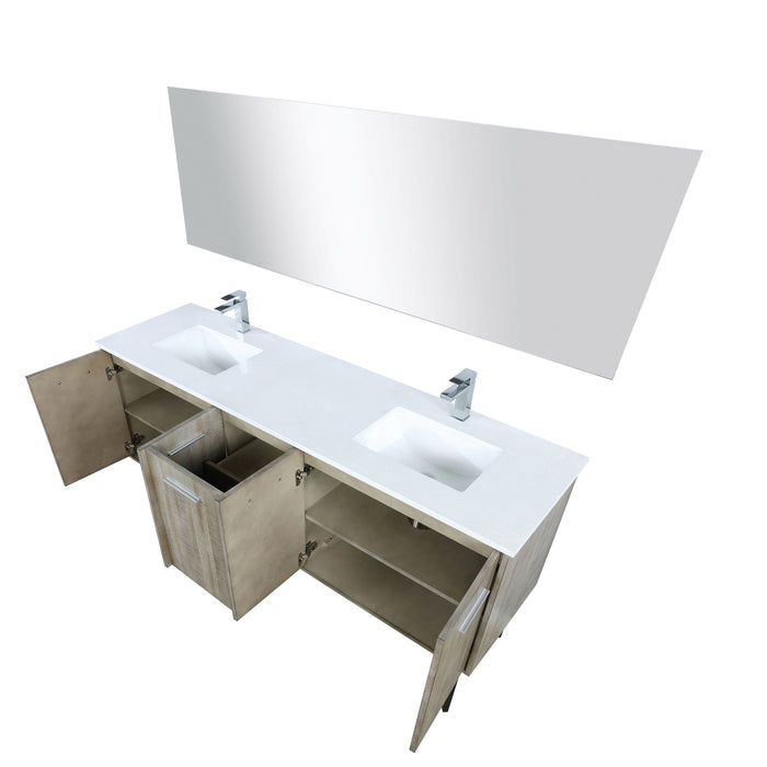 Lexora  Lancy 72" Rustic Acacia Double Bathroom Vanity, White Quartz Top, White Square Sinks, Labaro Brushed Nickel Faucet Set, and 70" Frameless Mirror LLC72DKSOSM70FBN