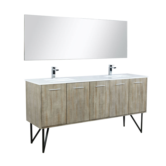 Lexora  Lancy 72" Rustic Acacia Double Bathroom Vanity, White Quartz Top, White Square Sinks, Labaro Brushed Nickel Faucet Set, and 70" Frameless Mirror LLC72DKSOSM70FBN