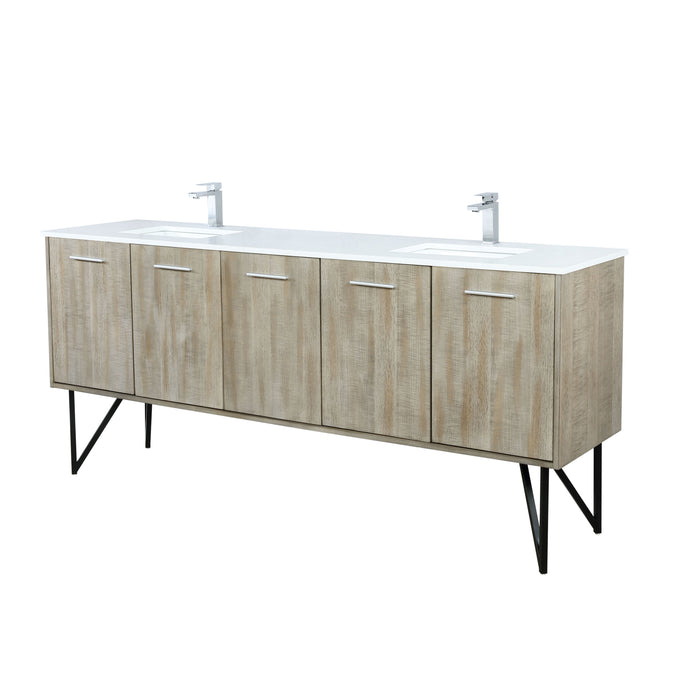 Lexora Lancy 80" Rustic Acacia Double Bathroom Vanity, White Quartz Top, White Square Sinks, and Labaro Brushed Nickel Faucet Set LLC80DKSOS000FBN