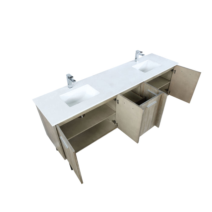 Lexora Lancy 80" Rustic Acacia Double Bathroom Vanity, White Quartz Top, White Square Sinks, and Labaro Brushed Nickel Faucet Set LLC80DKSOS000FBN